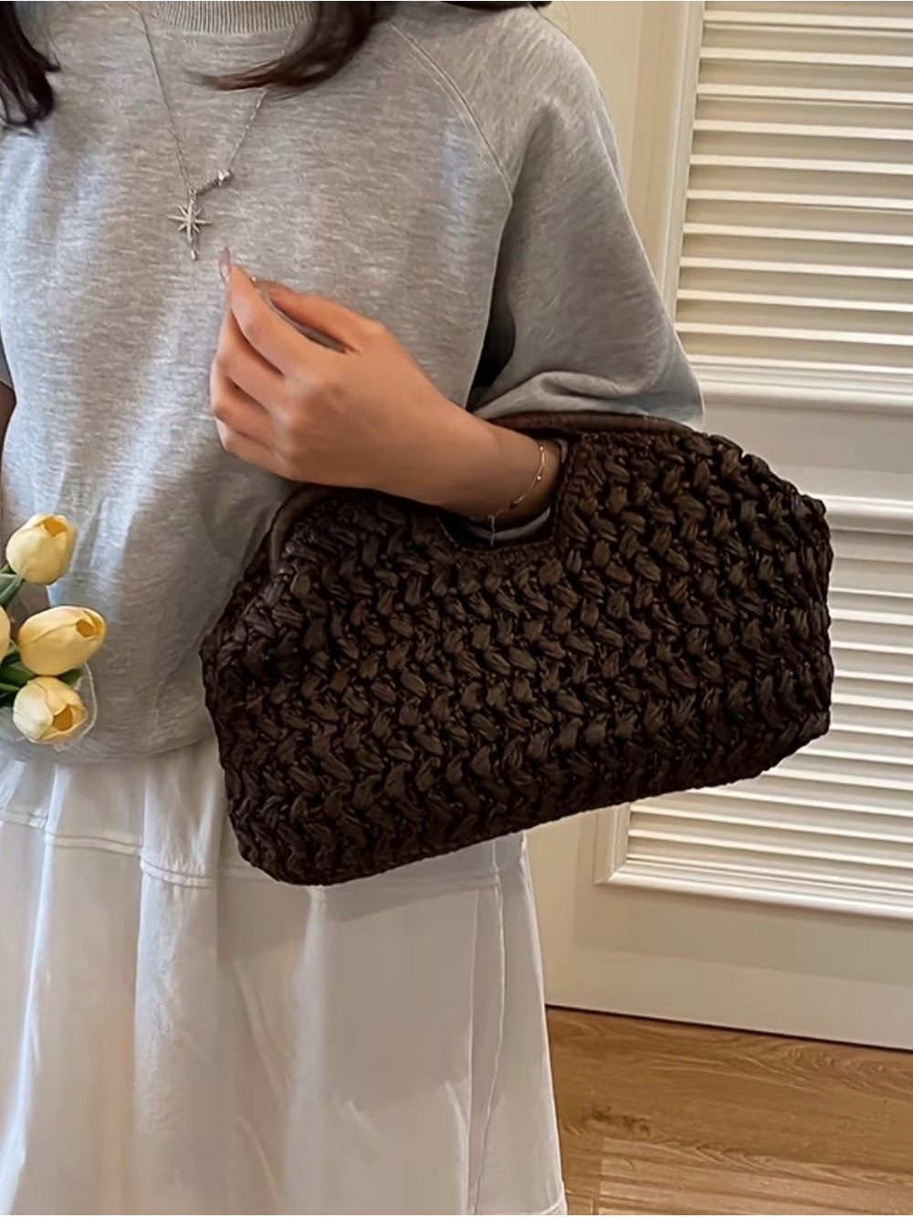 Woven Crochet Handle Tote Bag - Brown - Picture 2 of 4